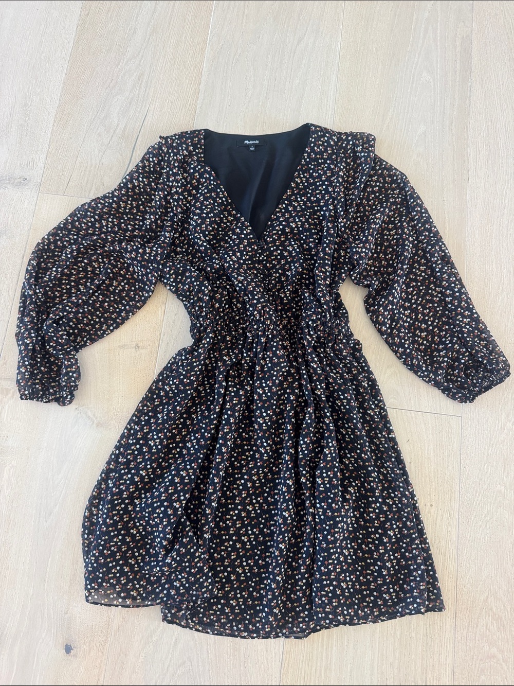 Madewell Black Floral V-Neck Long Sleeve Dress with Tiny Pink and Cream Blossoms